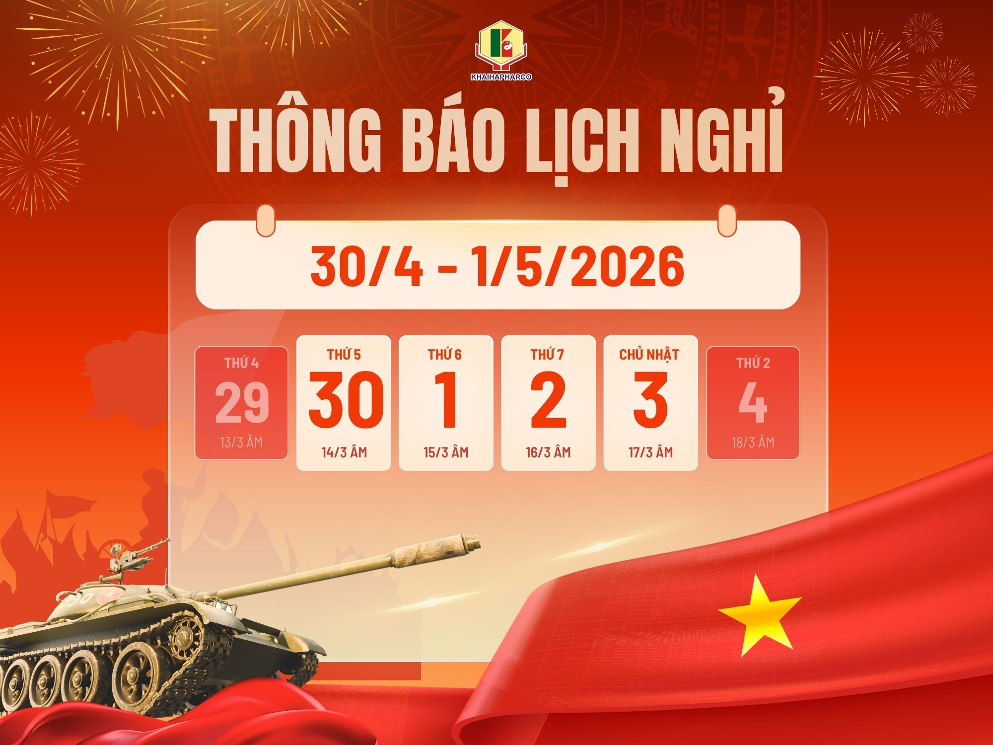 DƯỢC KHẢI HÀ THÔNG BÁO NGHỈ LỄ 30/04 VÀ 01/05 NĂM 2026